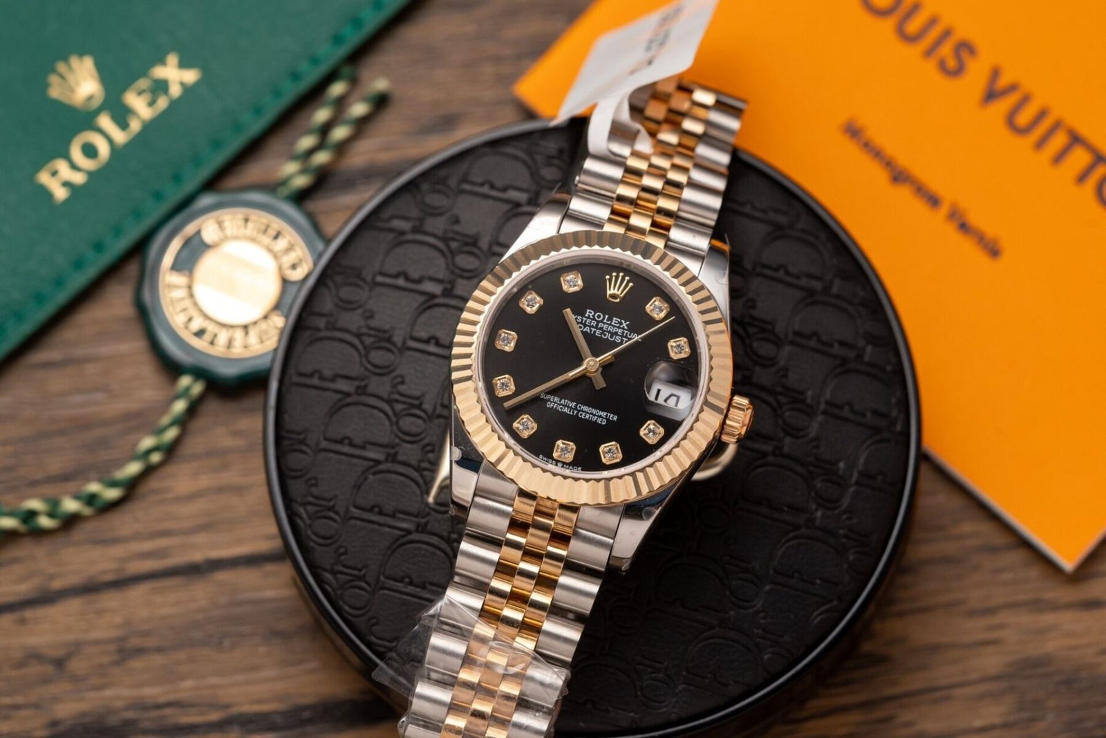 1750588398-166-1.jpg Rolex Datejust SS/YG Plated Black Dial CZ Diamonds 31mm Jub Super Clone - 图片 1