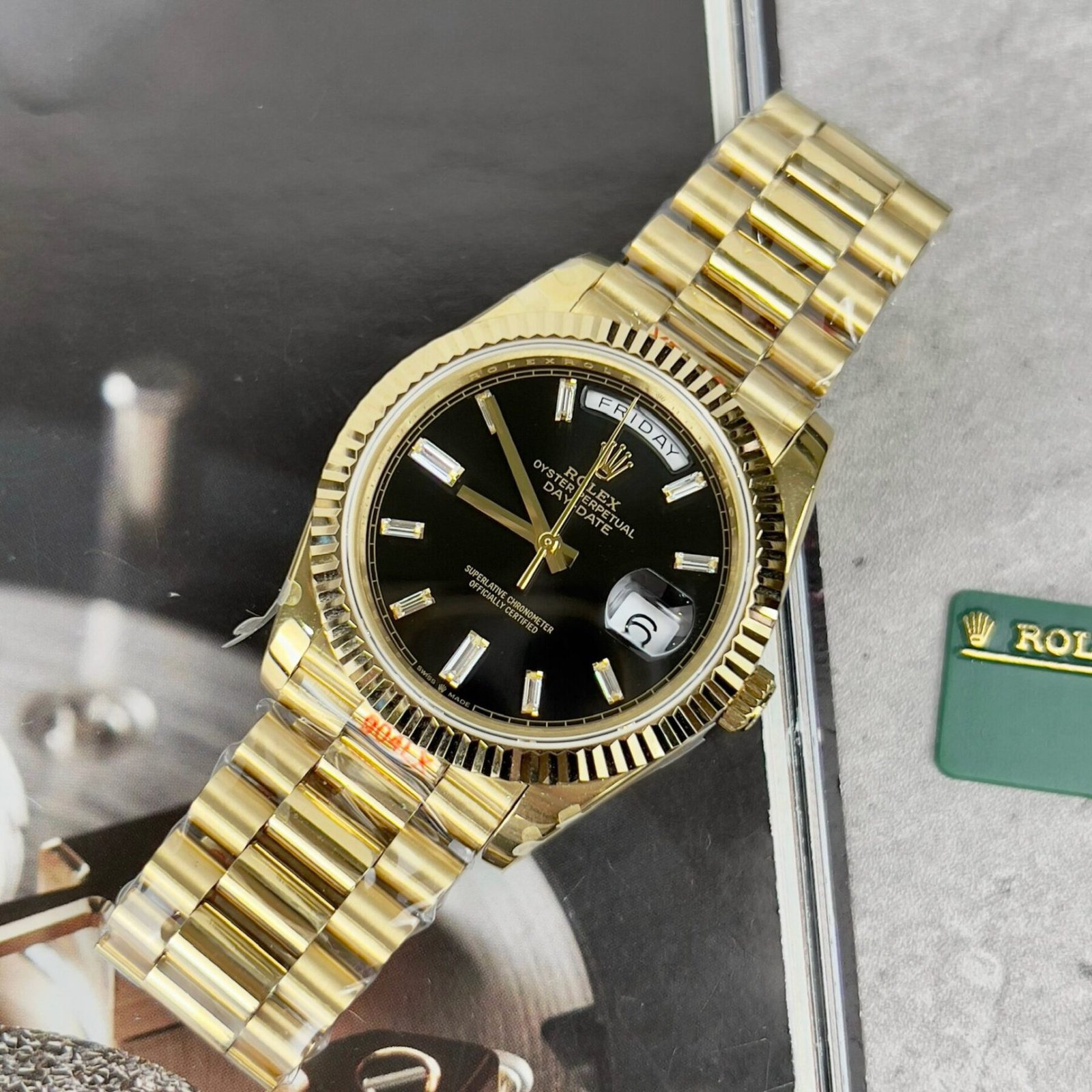 1750588891-355.jpg Rolex Day-Date 228238 YG Plated Black Dial CZ Diamonds 40mm Super Clone - 图片 1