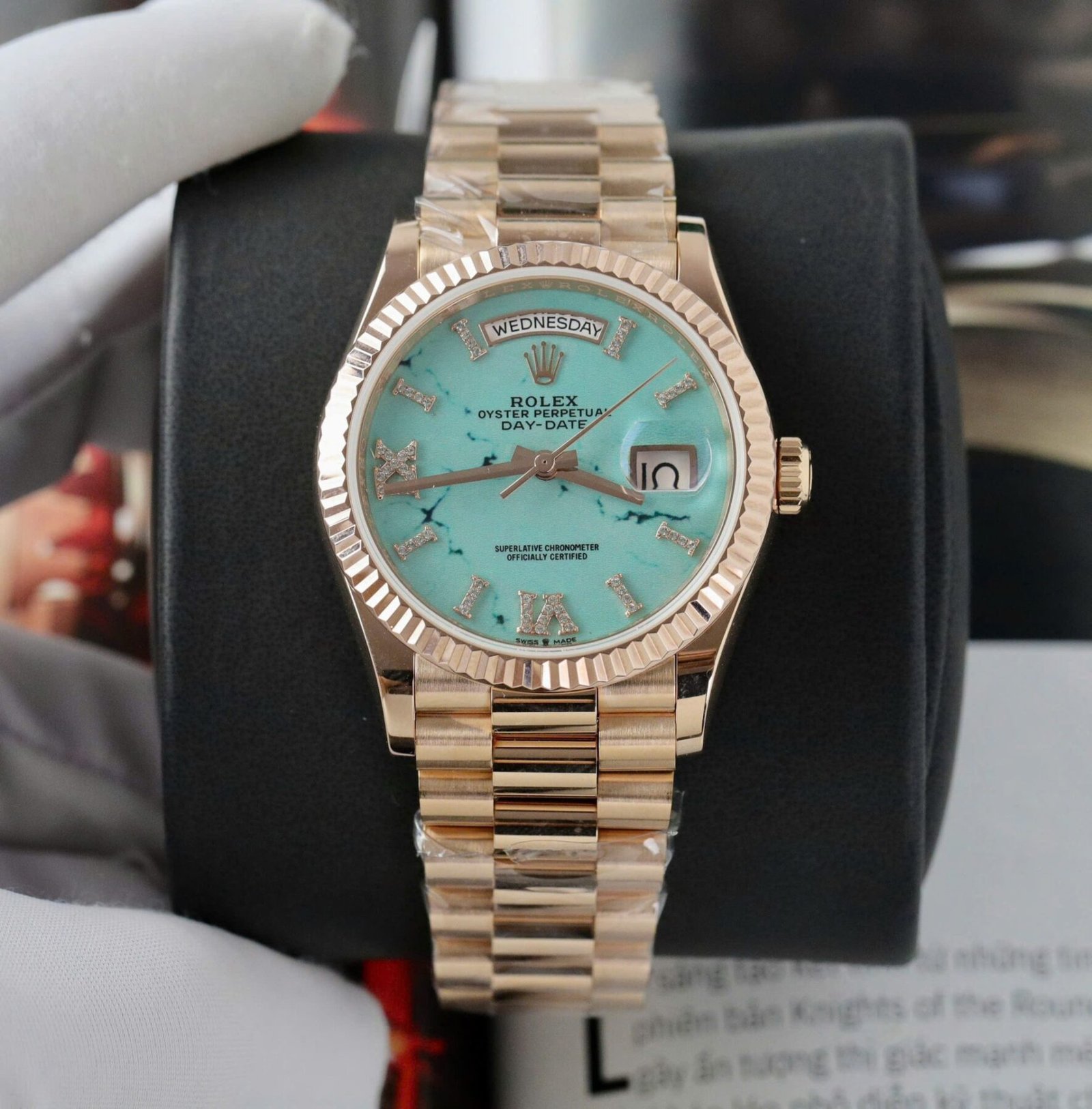 1750589070-428-1.jpg Rolex Day-Date 128238 RG Plated Turquoise Blue Dial CZ Diamonds 36mm Super Clone - 图片 1