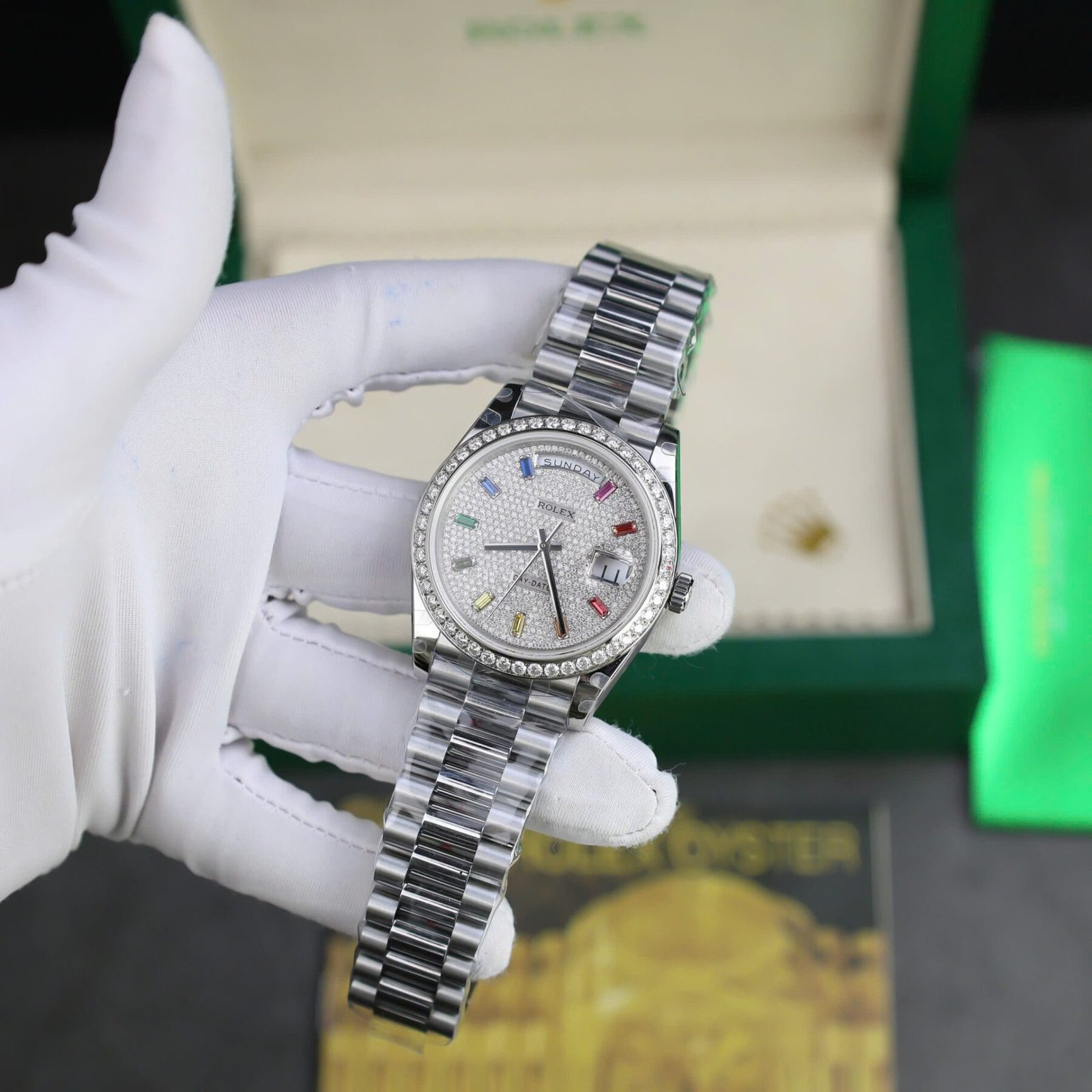 1750589278-498-1.jpg Rolex Day-Date 904L Steel Rainbow Pave Diamond Dial 40mm Super Clone - 图片 1