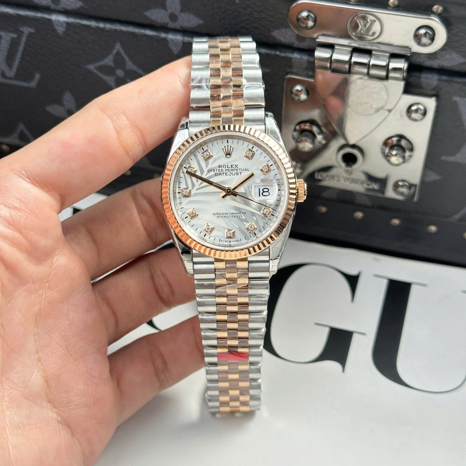 1750589662-632.jpg Rolex Datejust 126231 SS/RG Plated Silver Palm Dial CZ Diamonds 36mm Jub Super Clone - 图片 1